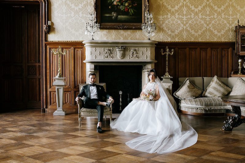 luxury bride and groom at a french chateau